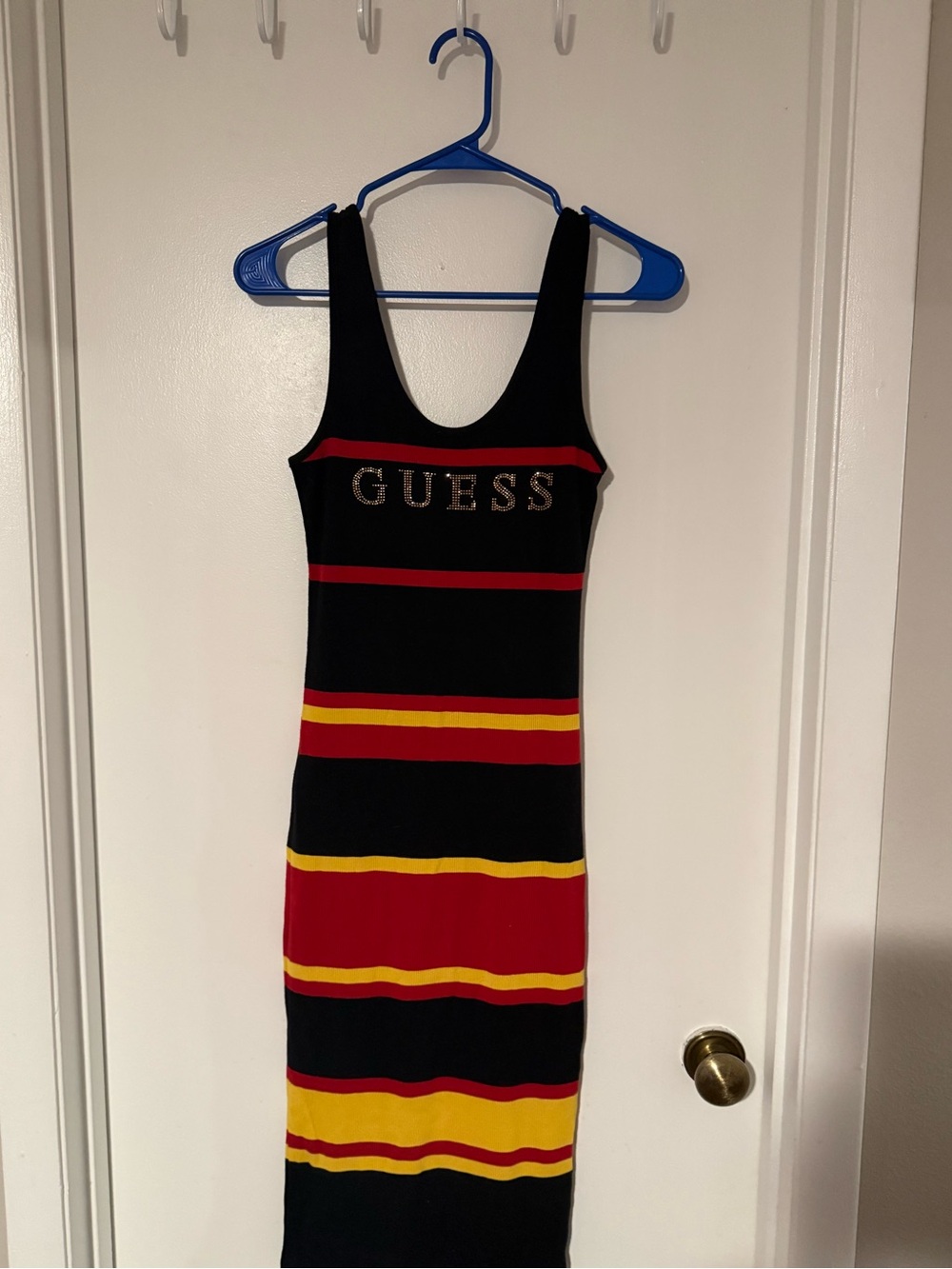 GUESS Black, Red & Yellow Striped Midi Dress